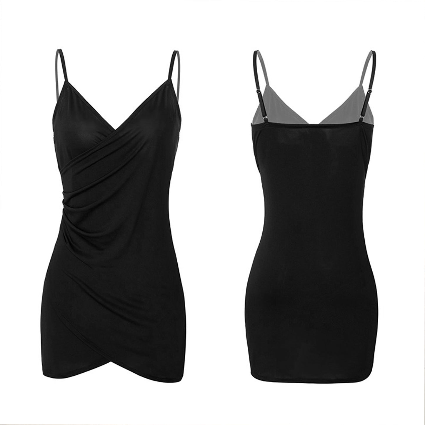 Fee Et Moi - Sultry Draped V-Neck Slip Black Nightdress with Adjustable Straps One Size