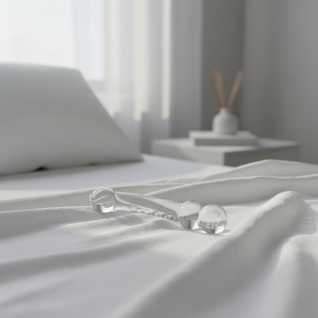 Fifty Shades glass dildo on white linen