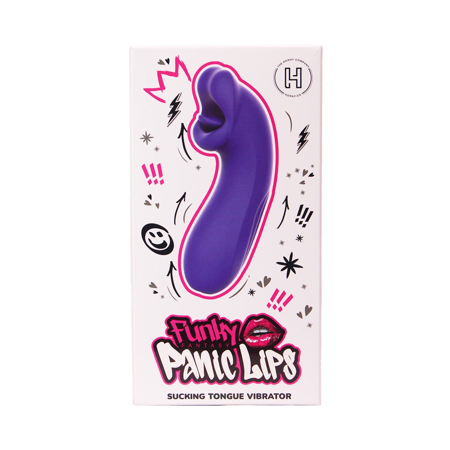 Box of a 'Flinky Panic Lips' sucking tongue vibrator with a purple device on a white background.