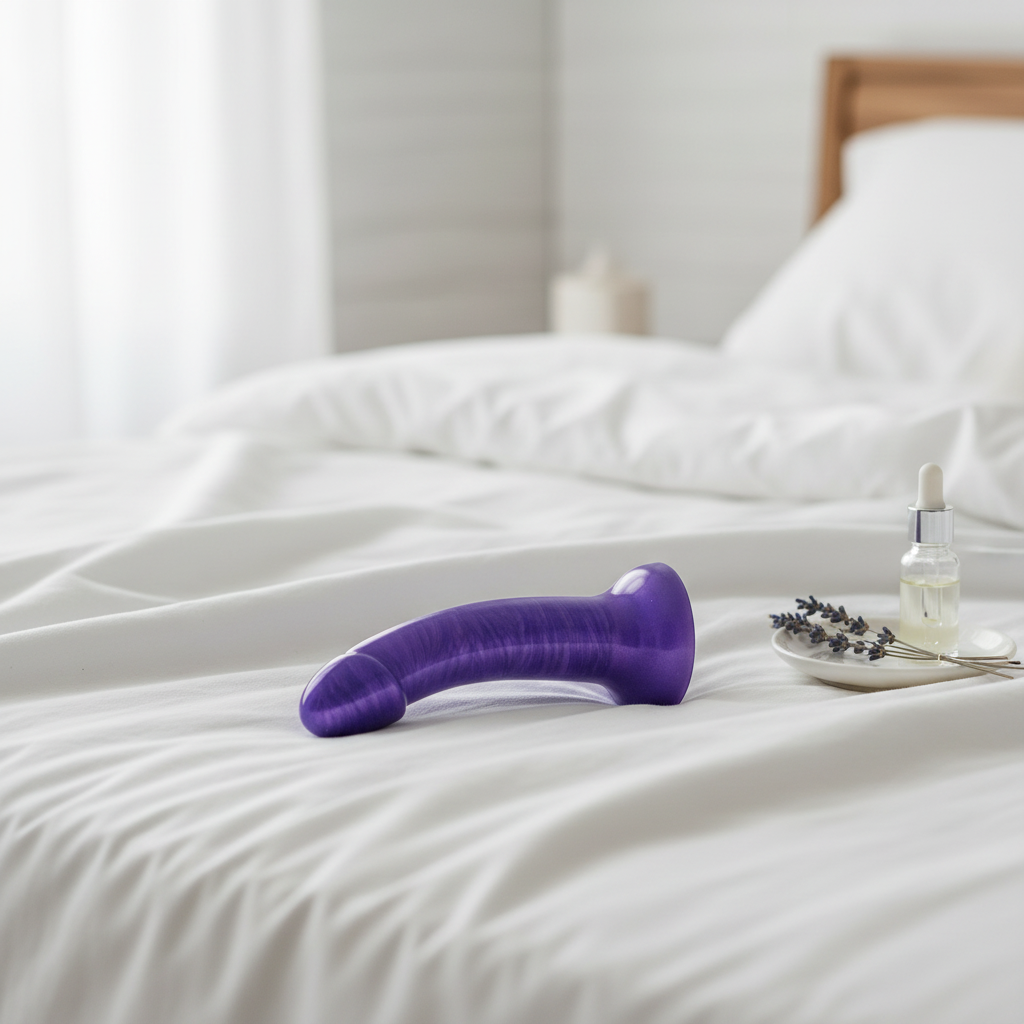 Unicorn Pearly Smog purple dildo on soft white linen - lifestyle photography