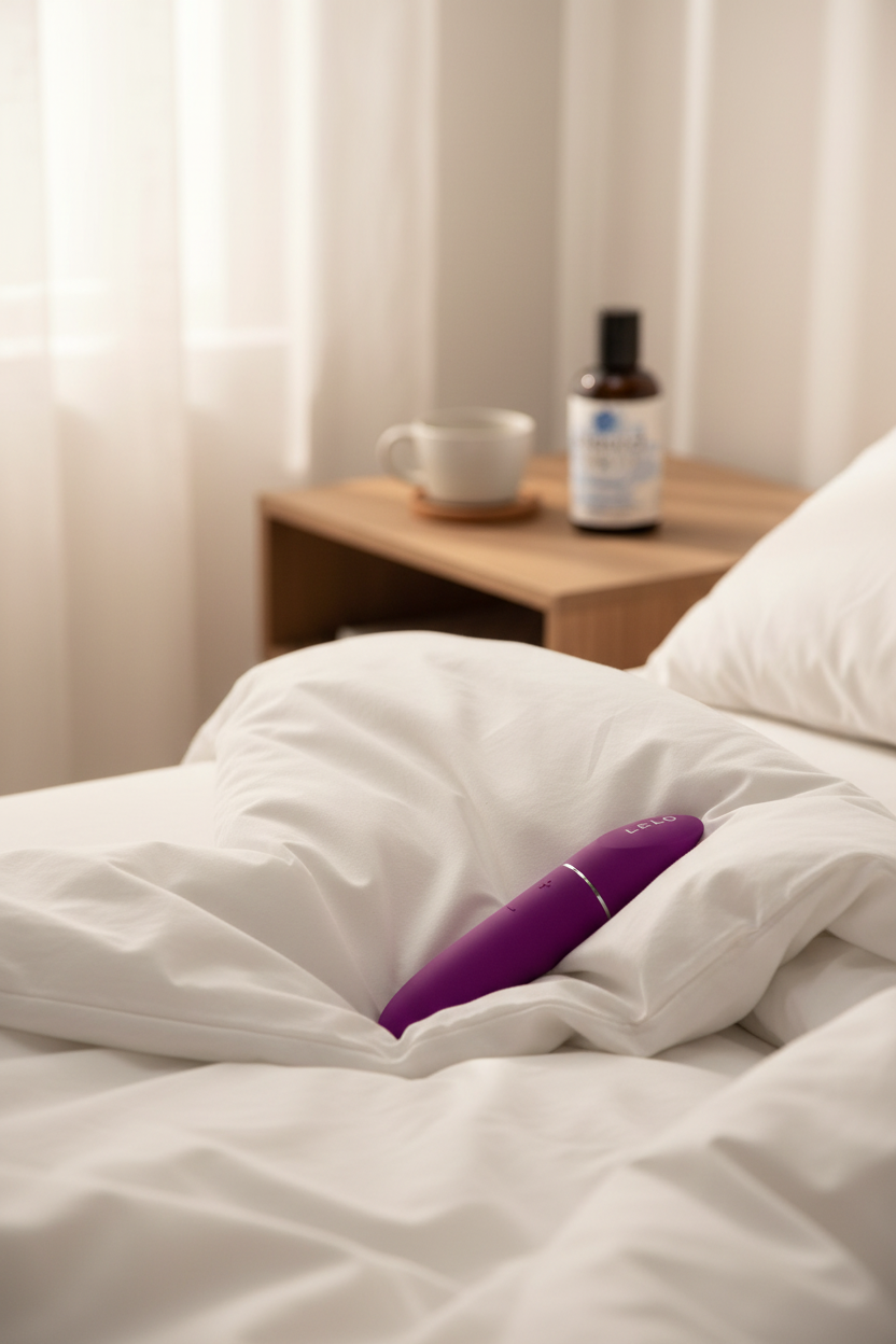 Lelo Mia 3 on bedding with morning light