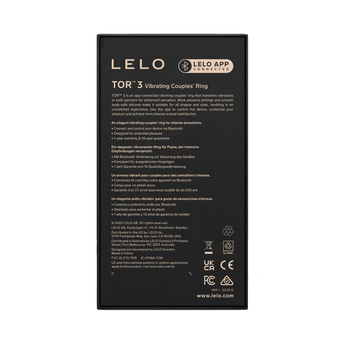 Lelo - Tor 3 App-Controlled Vibrating Couple's Ring Base Blue (Free Massage Candle)