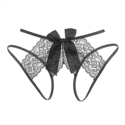 Letrista - Sexy Lace Crotchless Thong with Garter and Bow Accent Black Large