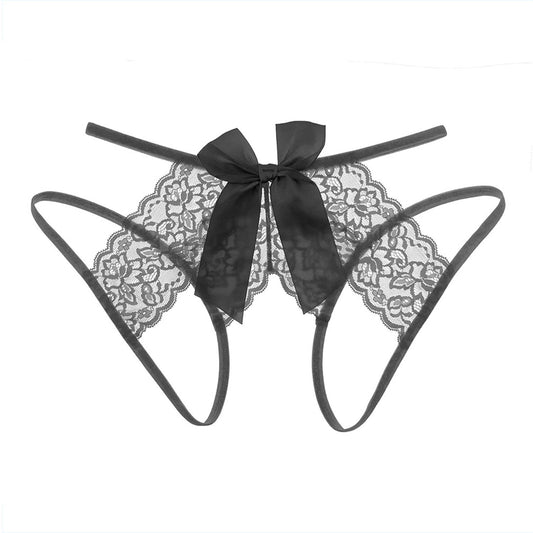 Letrista - Sexy Lace Crotchless Thong with Garter and Bow Accent Black Large