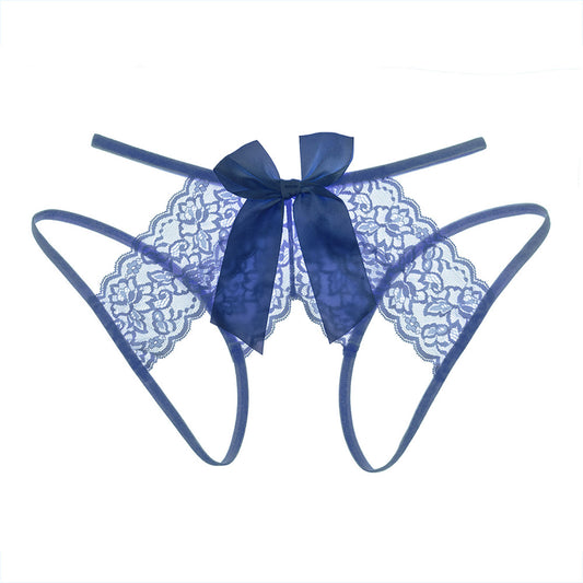 Letrista - Sexy Lace Crotchless Thong with Garter and Bow Accent Blue One Size