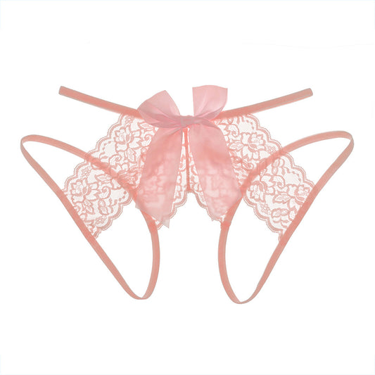 Letrista - Sexy Lace Crotchless Thong with Garter and Bow Accent Pink S/M