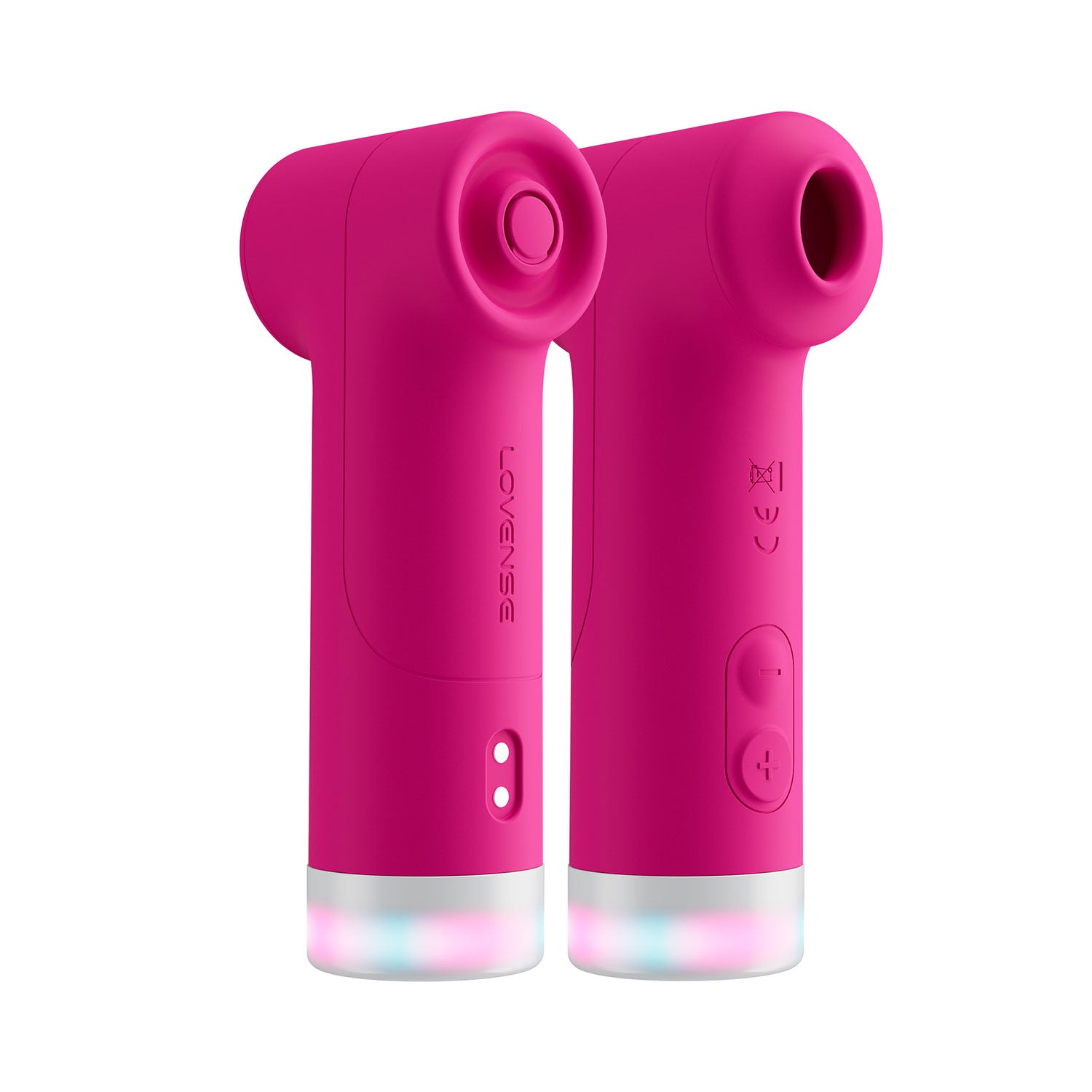 Two pink handheld devices with visible branding on a white background