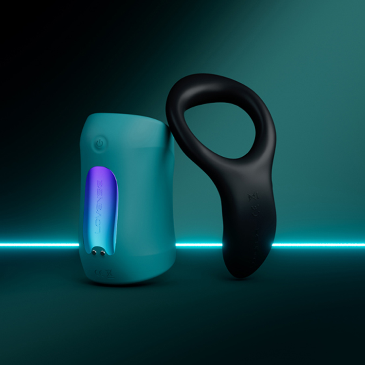 Two electronic devices, one blue and one black, on a dark background with a blue light strip.
