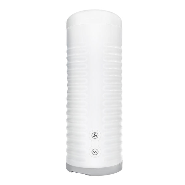 A sleek, white cylindrical male masturbator with ribbed grips near the base and three control buttons on the side.