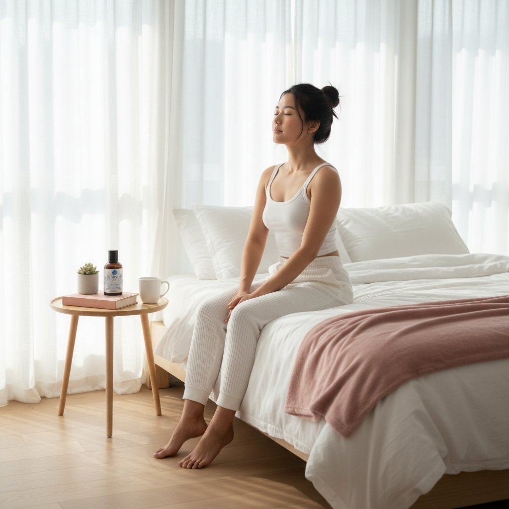Modern minimalist bedroom - Young woman in 20s