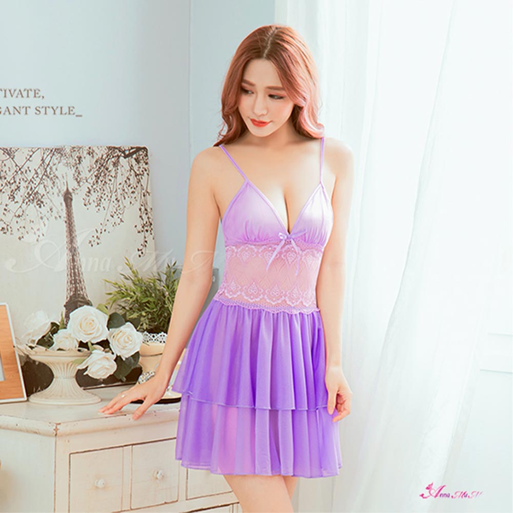 Anna Mu - Perfect Girl Elegant Romantic Embroidery Lace Sleepwear & Slip Babydoll (Violet)