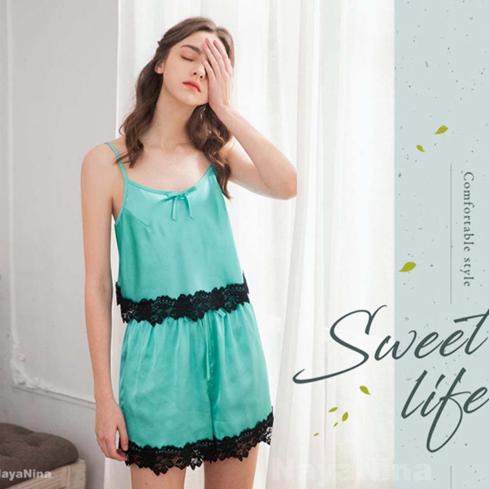 Naya Nina - Sweet Girl Elegant Beautiful Lace Tank Top & Short Pants Two-piece Pajamas Set (Green)