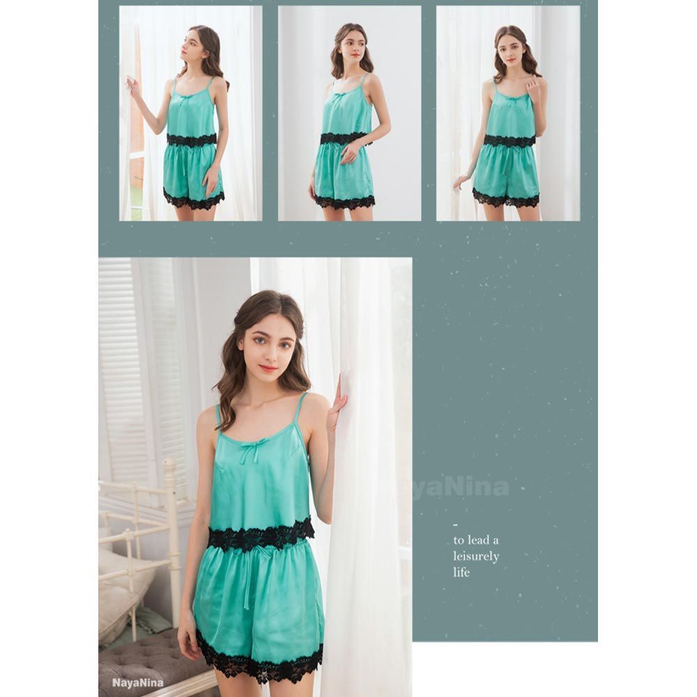 Naya Nina - Sweet Girl Elegant Beautiful Lace Tank Top & Short Pants Two-piece Pajamas Set (Green)