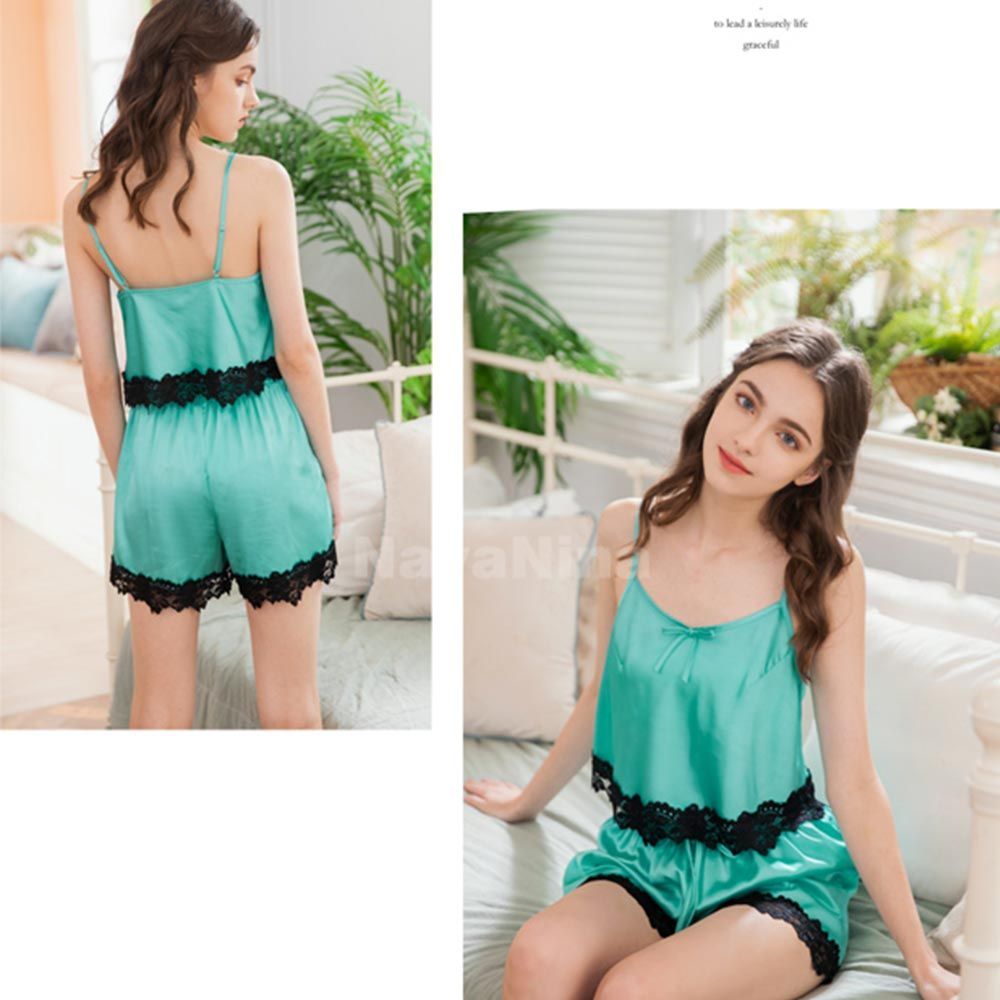 Naya Nina - Sweet Girl Elegant Beautiful Lace Tank Top & Short Pants Two-piece Pajamas Set (Green)