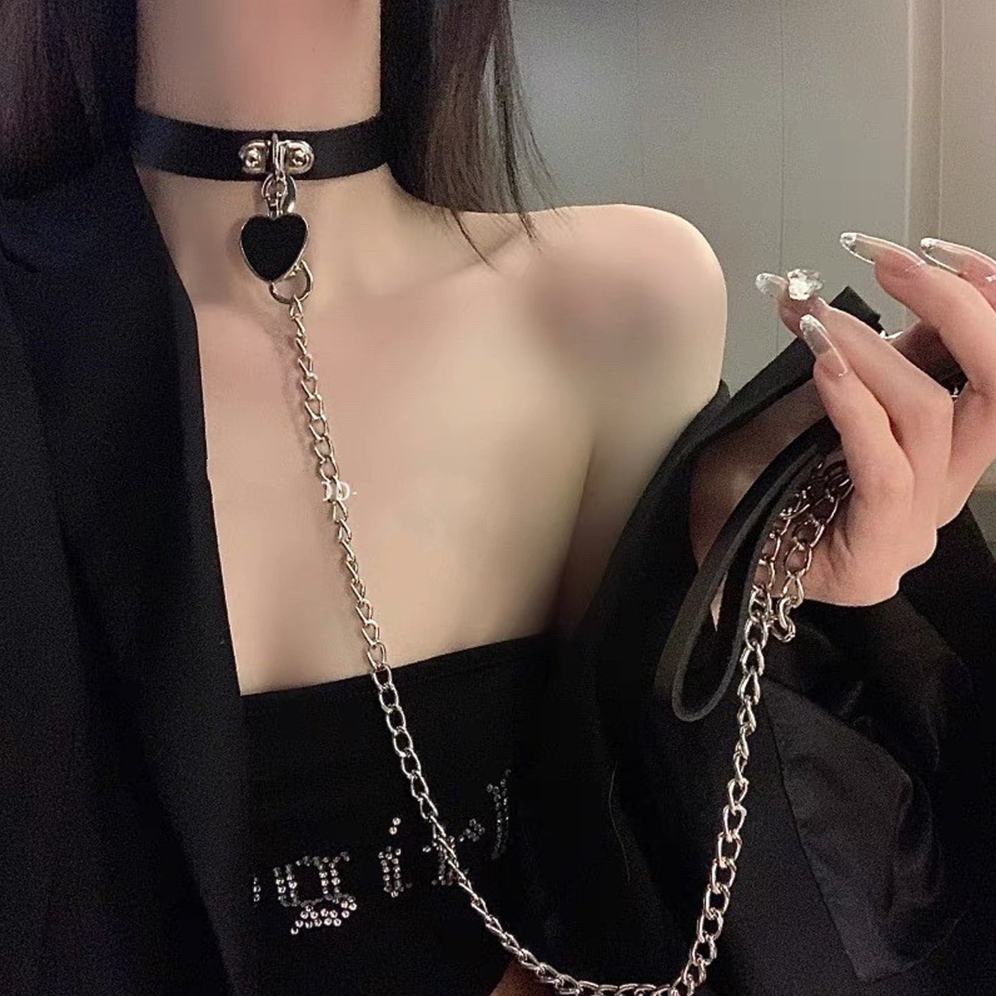 Ping Xian - Love Collar Leather Chain Leash Black