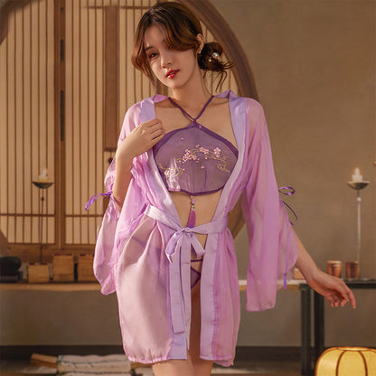 Ping Xian - Irresistible Hanfu-Inspired 3-Piece Sheer Lingerie Set Purple