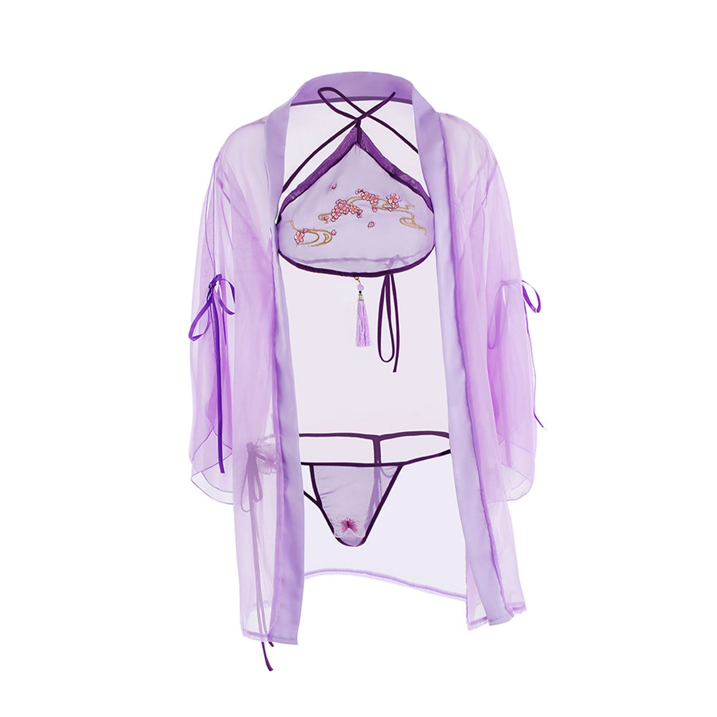 Ping Xian - Irresistible Hanfu-Inspired 3-Piece Sheer Lingerie Set Purple