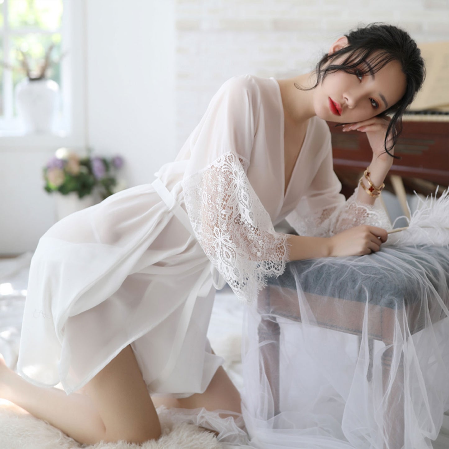 Ping Xian - Seductive Sheer Chiffon Lace with Satin Tie Mid Robe White