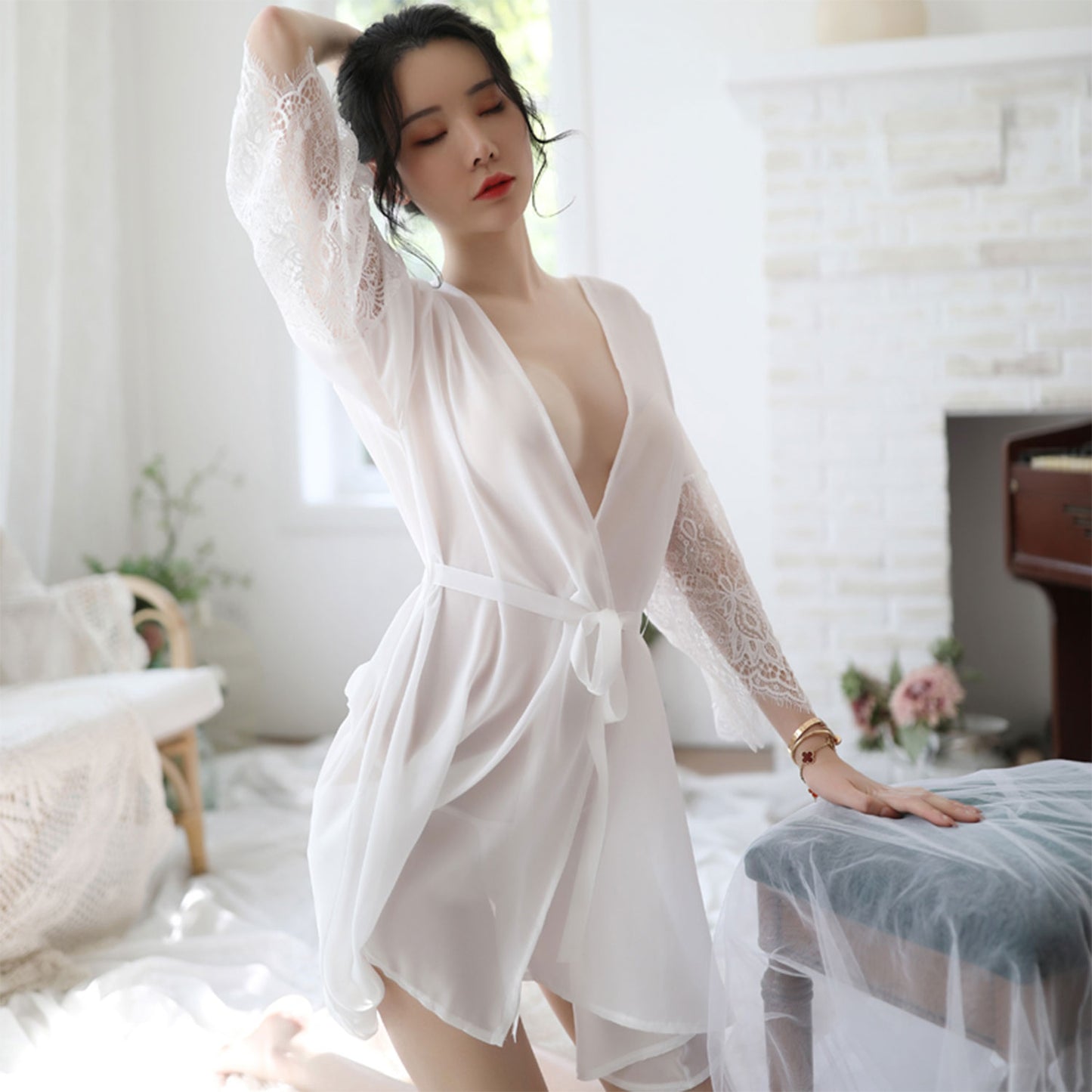 Ping Xian - Seductive Sheer Chiffon Lace with Satin Tie Mid Robe White