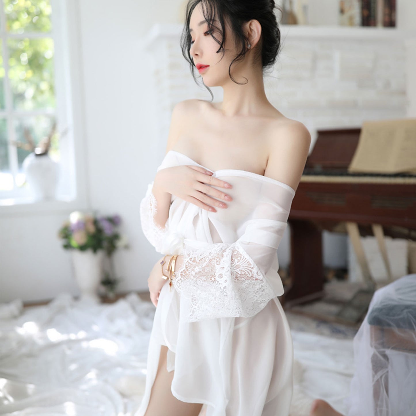 Ping Xian - Seductive Sheer Chiffon Lace with Satin Tie Mid Robe White