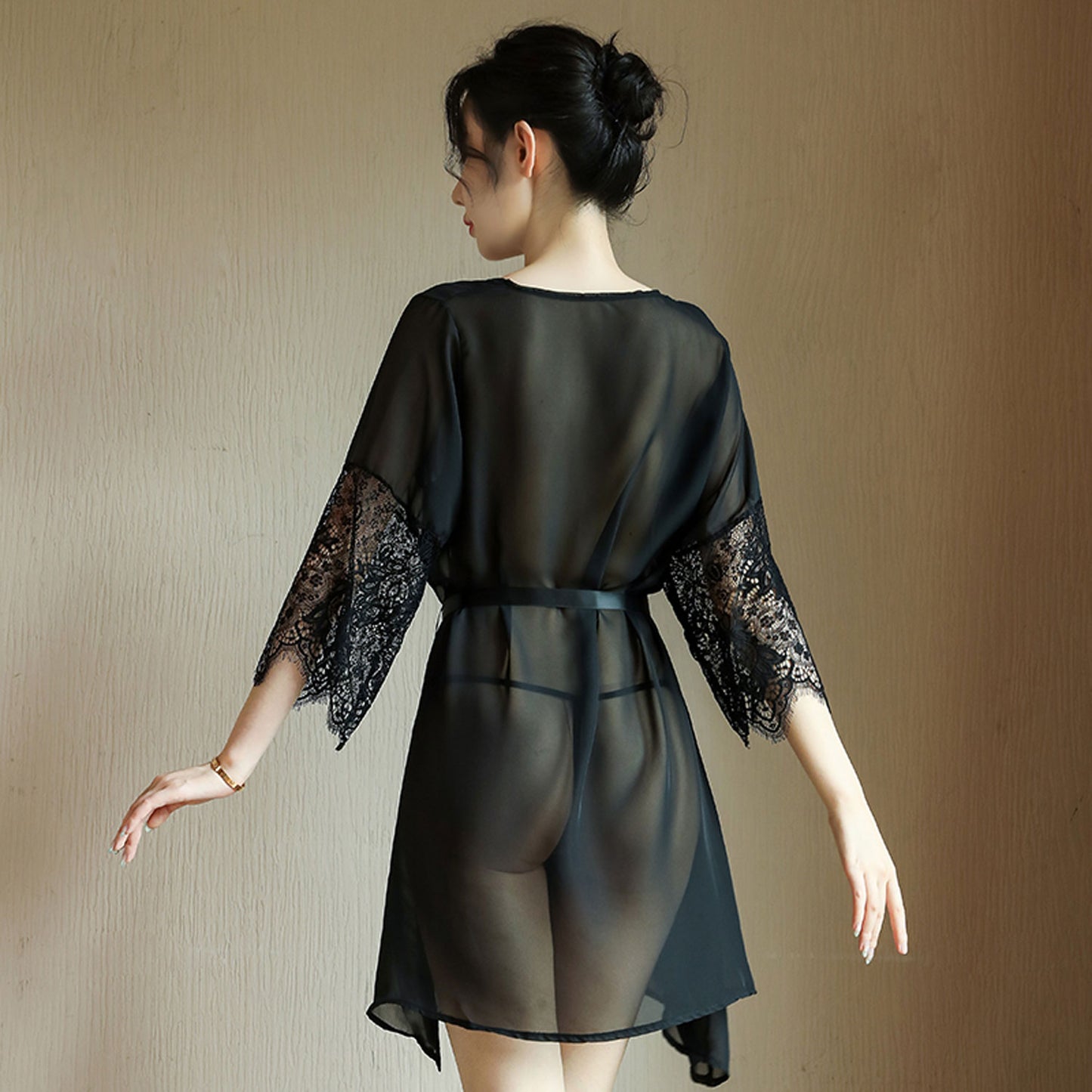 Ping Xian - Seductive Sheer Chiffon Lace with Satin Tie Mid Robe Black