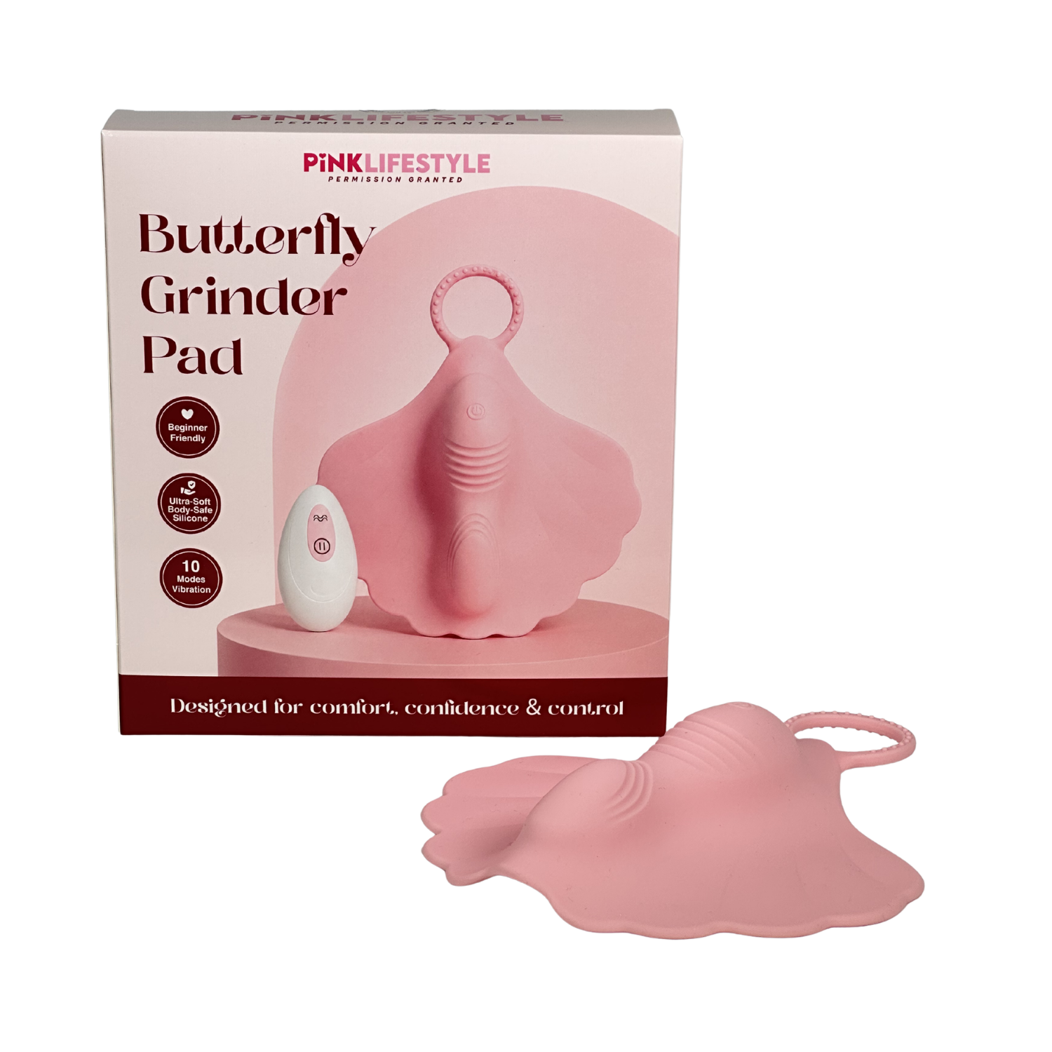 Pink butterfly grinder pad with packaging on a white background