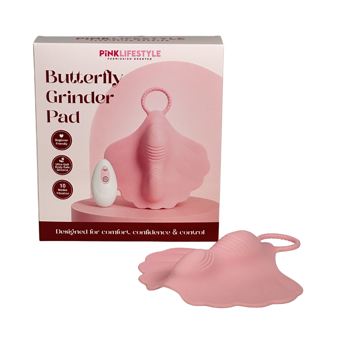 Pink butterfly grinder pad with packaging on a white background