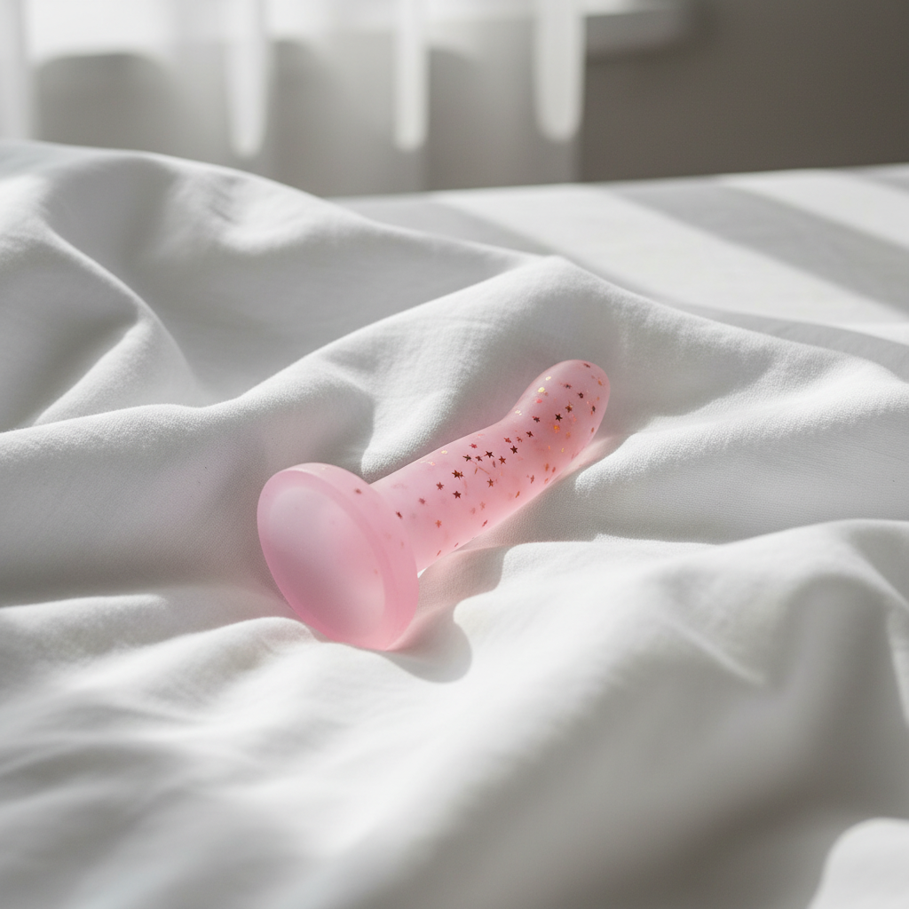 Pink star glitter dildo on white linen