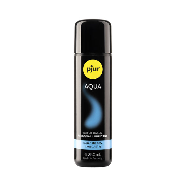 Pjur Aqua water-based lubricant in a 250ml bottle with a black and blue label, indicating it is made in Germany and is toy-safe.