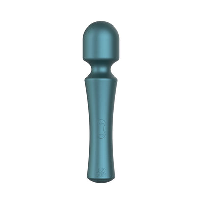 A teal silicone wand-style vibrator with a smooth surface and ergonomic handle.