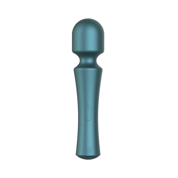 A teal silicone wand-style vibrator with a smooth surface and ergonomic handle.