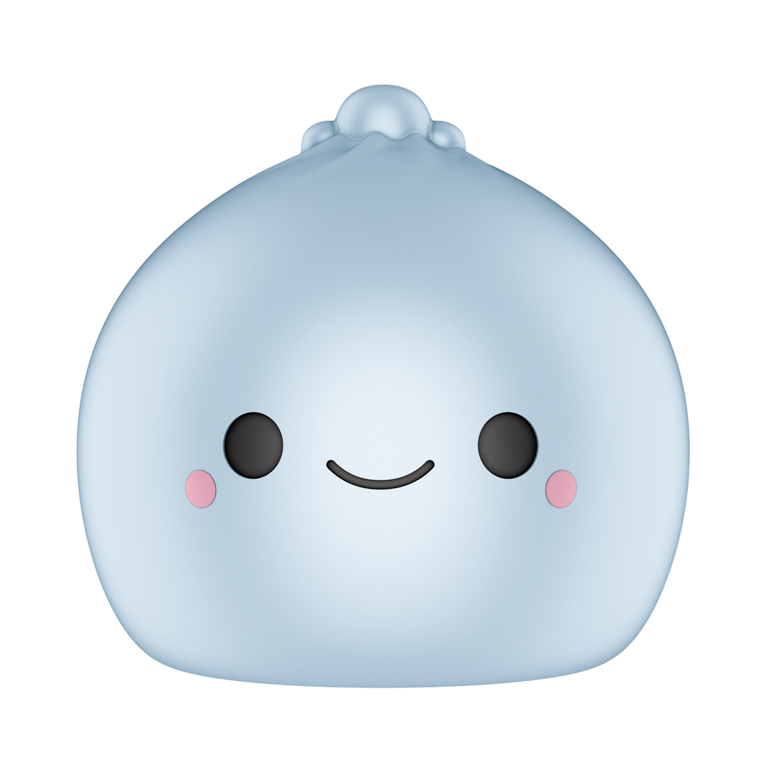 A cute, light blue squishy toy with a minimalist face, featuring black oval eyes, a curved black smile, and small pink cheeks, isolated on a white background.