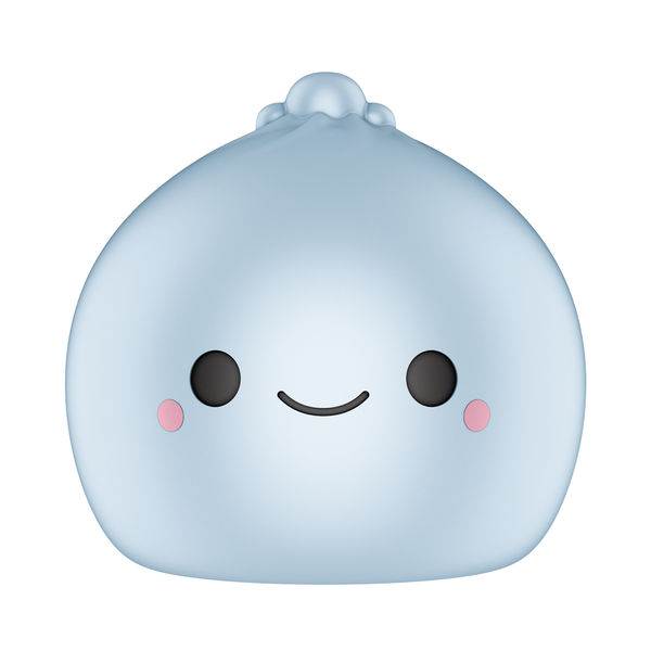A cute, light blue squishy toy with a minimalist face, featuring black oval eyes, a curved black smile, and small pink cheeks, isolated on a white background.