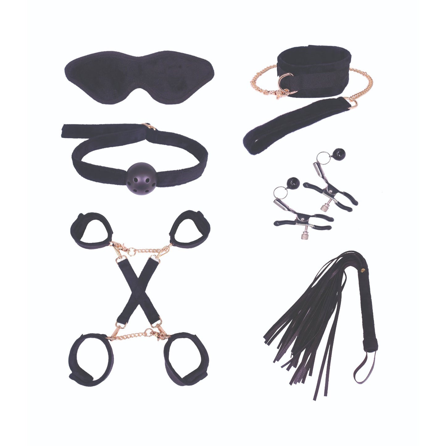 SM Club - Black and Gold Soft Touch Plush BDSM 8-piece Set