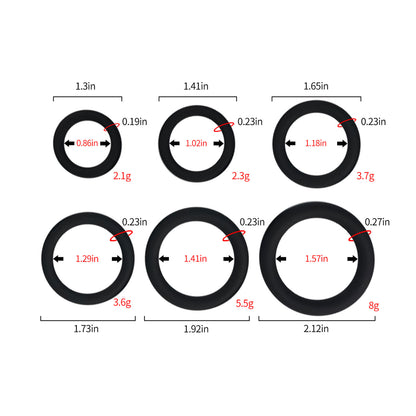 The Horny Company - 6 Piece Multi Wear Silicone Cock Ring Set Black