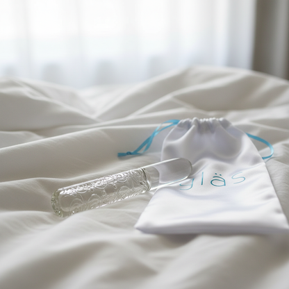 With storage bag on white bedding